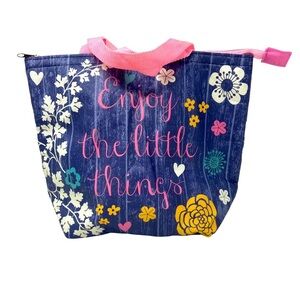 Insulated Lunch Bag | Blue, Pink Handles with Flowers | Size Medium